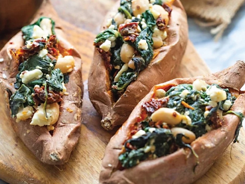 Baked Kumara Stuffed with Baby Spinach Feta